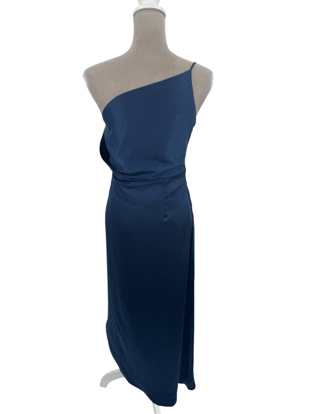 OPT Ivy One Shoulder Blue Satin Maxi Dress Slit NWT Small - Picture 4 of 7